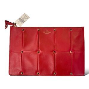 ❤️SOLD❤️VALENTINO GARAVANI Red Quilted Leather with Gold Stud Accents Clutch NWT